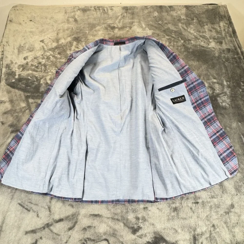 LAUREN RALPH LAUREN Boy 20R Bloxbury Blue Red Plaid Sport Coat Blazer Linen Blen